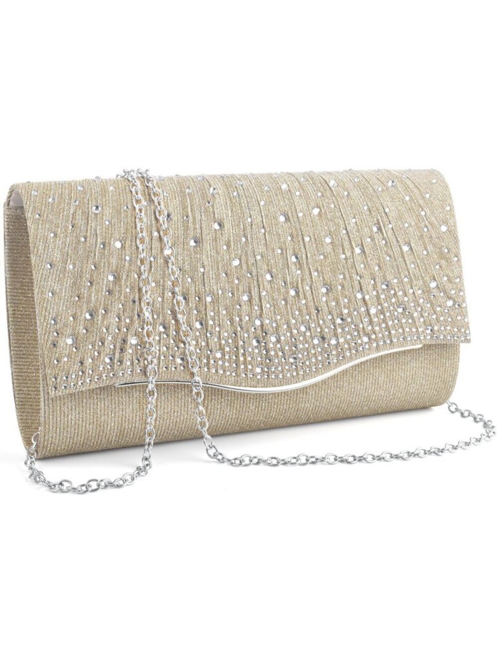 Women's Champagne Silver Frame Rhinestone Clutch Purse Formal Prom Evening Bag